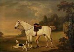 A Grey Hunter With A Groom And A Hound Before A Barn