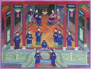 Scene depicting a Chinese imperial official at home seated with his wife