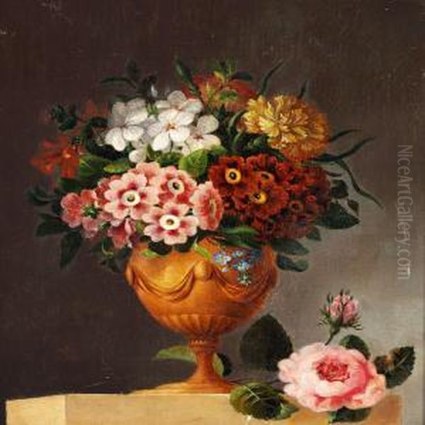 Carnations And Primrose In A Vase - view 1