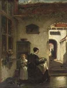 Mother And Daughter In The Courtyard by Johannes Anthonie Balthasar Stroebel