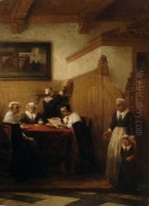 A 17th Century Interior Withregents Around A Table by Johannes Anthonie Balthasar Stroebel
