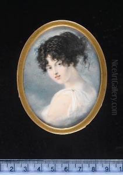 A Lady, Wearing White Classical Robe, Held At Her Shoulder With A Pearl, Her Dark Hair Curled, Upswept And Dressed With Plaits And Flowers. - view 1