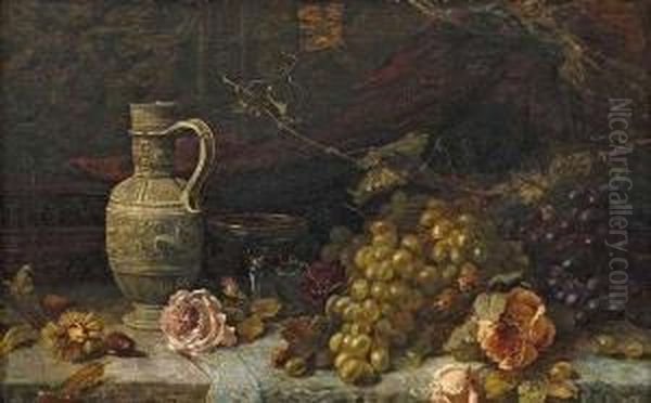 Still Lifewith Grapes, Roses, Tazza And A Stoneware Jug. - view 1
