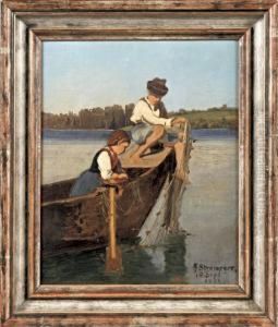Fischerkinder Im Kahn Auf Sonnigen See by Helene Marie Stromeyer