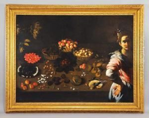 Figura Femminile E Grande Tavolo Con Natura Morta