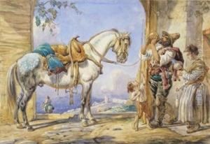 A Rustic With A Horse And A Lady Spinning