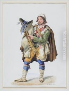 A Man Playing A Dudelsack; Continental Rustic
