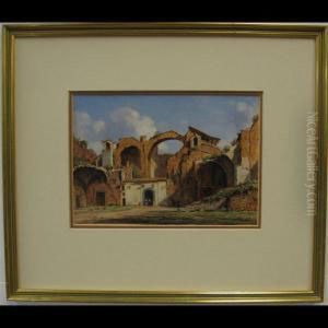 Figures With Horse & Cart Outside Village Ruins; Harbour Atsunset by Jacob George Strutt