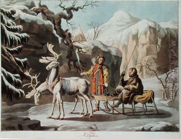 Yakuts of central Siberia in winter landscape, clad in furs and with a reindeer sledge, published 1813 - view 1