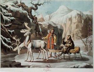 Yakuts of central Siberia in winter landscape, clad in furs and with a reindeer sledge, published 1813 by Anonymous Artist