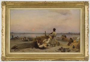 Abendstimmung Mit Lagernden Flosern Am Ufer. by August Wilhelm Stryowski