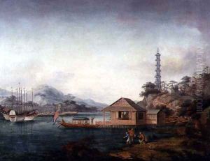 Figures and Vessels before a Pagoda in a Mountainous River Landscape, c.1850