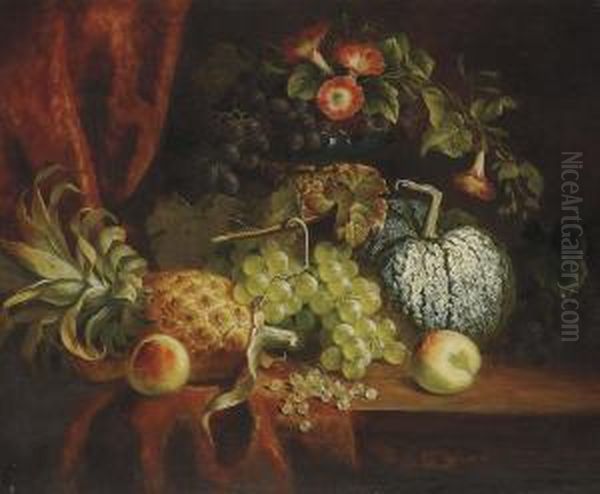 A Pineapple, Peaches, A Pumpkin, Black And Green Grapes, White Currants And Pink Convolvulus On A Carved Wooden Chest By A Red Curtain - view 1
