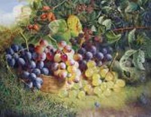 Still Life Of Grapes In A Basket On A Grassy Bank
