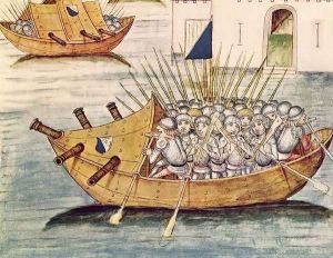 Soldiers armed with guns in a vessel with cannons, from the Berner Chronik, by Diebold Schilling the Elder c.1445-85 1483 by Anonymous Artist