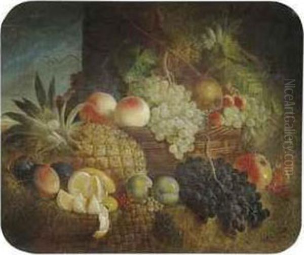 Pineapples, White Grapes, Black Grapes, Cherries, Peaches, Apples, Plums, White Currants, Red Currants, Strawberries, A Pear And An Orange, Arranged In Baskets On A Hay Stack - view 1
