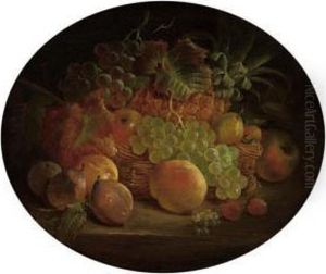 Apples, Pears, Strawberries, Grapes And A Pineapple On A Table With A Wicker Basket by William E.D. Stuart