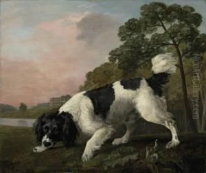 A Black And White Spaniel Following A Scent, In A Landscape by George Stubbs