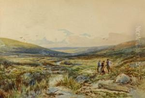 Three Figures By A Moorland Stream In A Panoramic Landscape by Ralph I Stubbs
