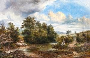 Rural Scene With Figures And Sheep Nearing A Ford