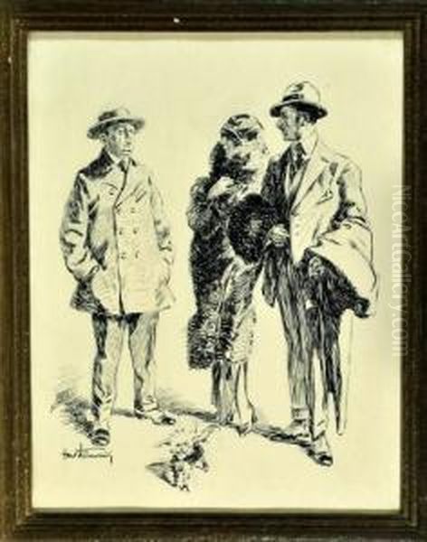 Gesprach Dreier Personen Beim Spaziergang Mit Kleinem Hund - view 1
