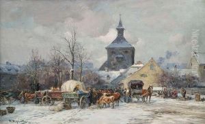 Wintry Cattlemarket In A Bavarian Village. by Karl Stuhlmuller