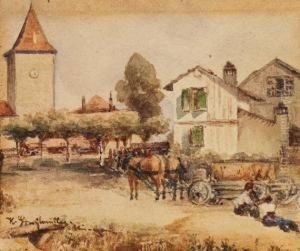 Pferdefuhrwerk Auf Einem Dorfplatz by Karl Stuhlmuller