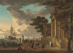 A Capriccio View With Elegant Figures By A Classical Building With Shipping Beyond