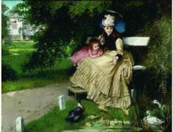 Dans Le Parc Du Chateau : Femme Et Sa Fille Devant Une Mare Animee Aux Canards - view 1