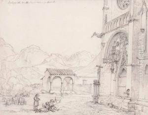 Schafer Mit Herde Vor Der Pfarrkirche In Bozen Schafer Mit Herde Vor Der Pfarrkirche In Bozen