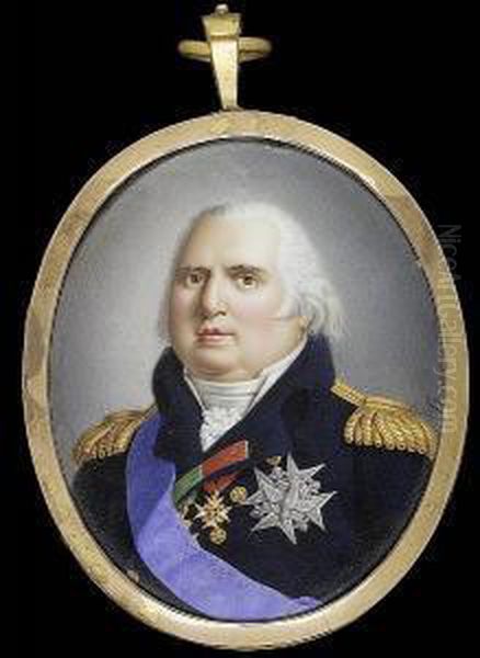 Louis Xviii (1755-1824), King Of France (1814-24), Wearing Dark Blue Coat With Gold Epaulettes, Blue Sash And Breast Star Of The Order Of The Saint-esprit, Badge Of The Royal French Order Of Saint-louis And Another Medal On A Green Ribbon - view 1