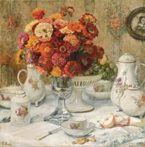 Porcelain And Zinnias by Ludwig Stutz