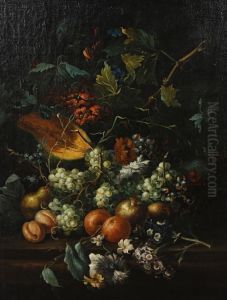 Still Life Of Grapes, A Pumpkin, Pomegranates, Primroses And Other Flowers On A Table Ledge