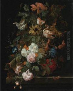 Still Life Of Flowers In A Glass Vase With A Butterfly On Aledge by Ernst Stuven