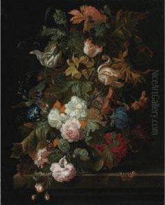 Still Life Of Flowers In A Glass Vase With A Butterfly, All On Aledge by Ernst Stuven