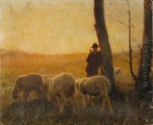 Herder And His Flock At Dusk. Herder And His Flock At Dusk.