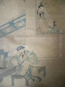 A Nobleman Seated In An Interior With An Attendant And A Musician, by Wang Su