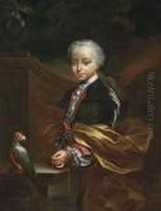 Portrait Of A Young Boy, Three-quarter-length, In A Blue Coat And Gold Wrap, A Chain In His Left Hand, Beside A Parrot, In A Classical Garden by Pierre Subleyras