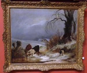Winter Landscape, With Cattle Beside A Pond, A Dog Nearby by William Thomas Such