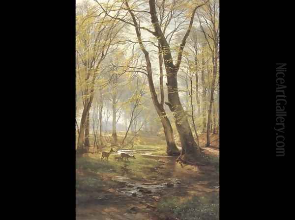 A Woodland Scene With Deer (or A Grassy Knoll) by Carl Frederick Aagaard