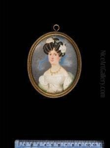 A Lady, Wearing White Dress With Puff Sleeves, Pale Green Cloak, Gold Necklace And Earrings, White Roses In Her Curled Dark Hair.