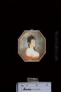 A Lady, Wearing Good Hoop Earrings, Low-cut White Dress And Scarlet Shawl, Her Dark Hair Curled