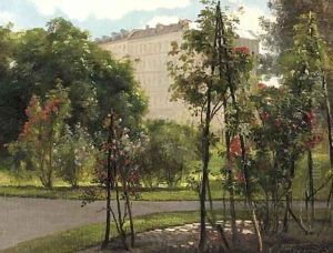 A colonnade on the edge of a park with roses in bloom by Carl Frederick Aagaard