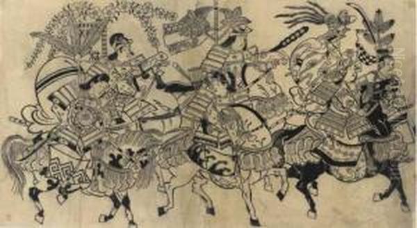Sumizuri-e Of A Cavalcade Of Five Female Warriors In Festival - view 1