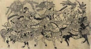 Sumizuri-e Of A Cavalcade Of Five Female Warriors In Festival by Jihei Sugimura