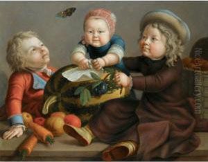 A Group Portrait Of The Artist's Three Sons, Seated On A Stone Ledge With Fruit by Johann Heinrich Suhrland