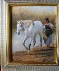 Bauerin Mit Schimmel In Landschaft by Carl Suhrlandt