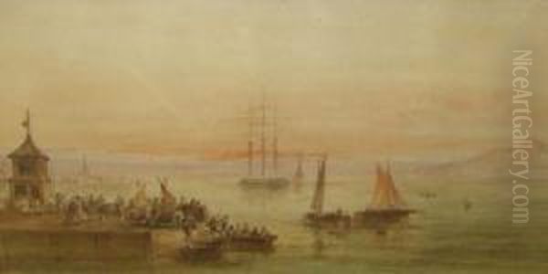 Busy Harbour Scene With Figures And Boats - view 1
