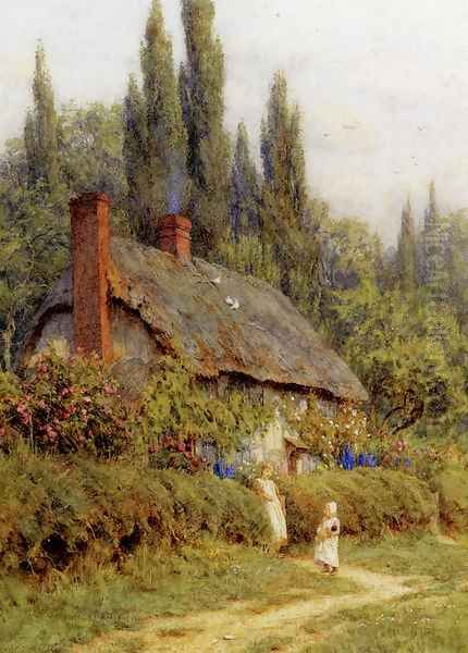 Children On A Path Outside A Thatched Cottage, West Horsley, Surrey - view 1