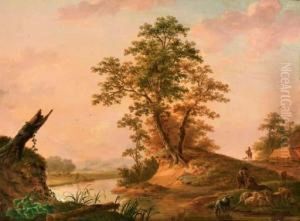 A River Landscape With Shepherds Watering Their Flock A River Landscape With Shepherds Watering Their Flock